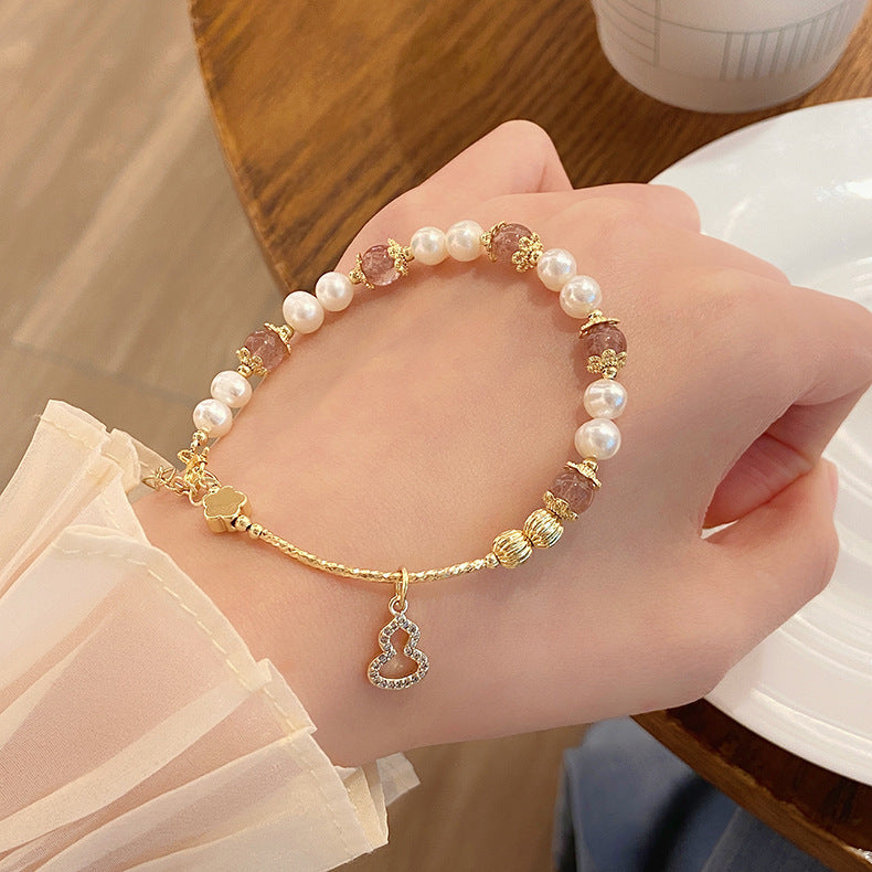 New Style Super Fairy Sweet Strawberry Crystal Bracelet Fresh Ins Gourd Pendant Bracelet String Grey Moonlight Bracelet