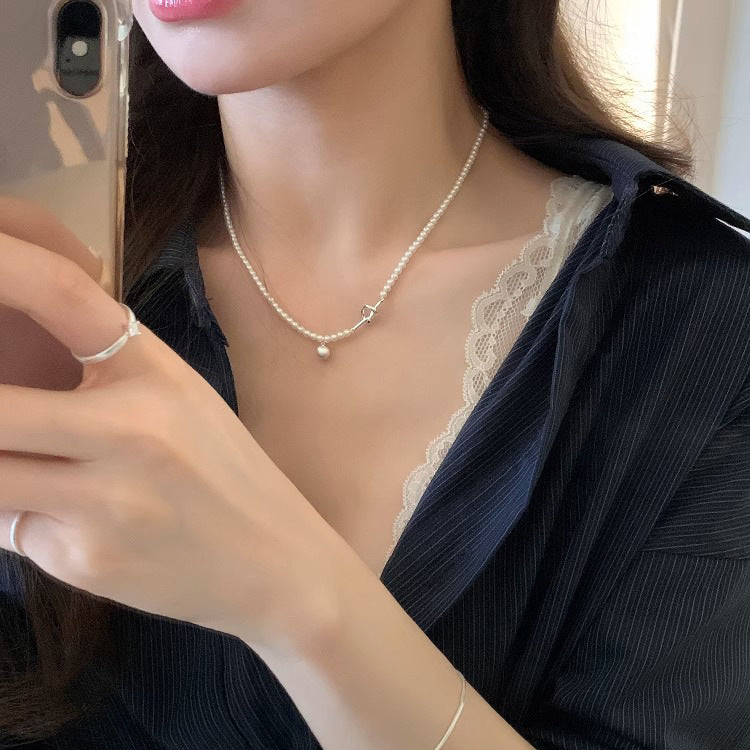 S925 Sterling Silver Brushed Round Ball Pendant Pearl Necklace for Women, Niche Design, Versatile, High-End Clavicle Chain