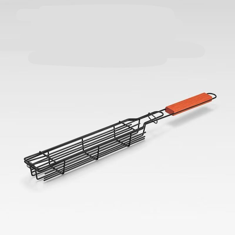 Burning Baking Cage Carbon Steel Hot Dog Sausage with Wooden Handle Baking Cage BBQ Barbecue Wire Barbecue Clip Grill Rack Camping Barbecue Tools