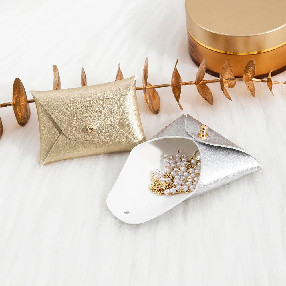 Custom Logo Embossed PU Leather 50/100pcs 5x7cm Gold Jewelry Bag Rings Earrings Necklaces Button Organizer Storage Gift Pouch