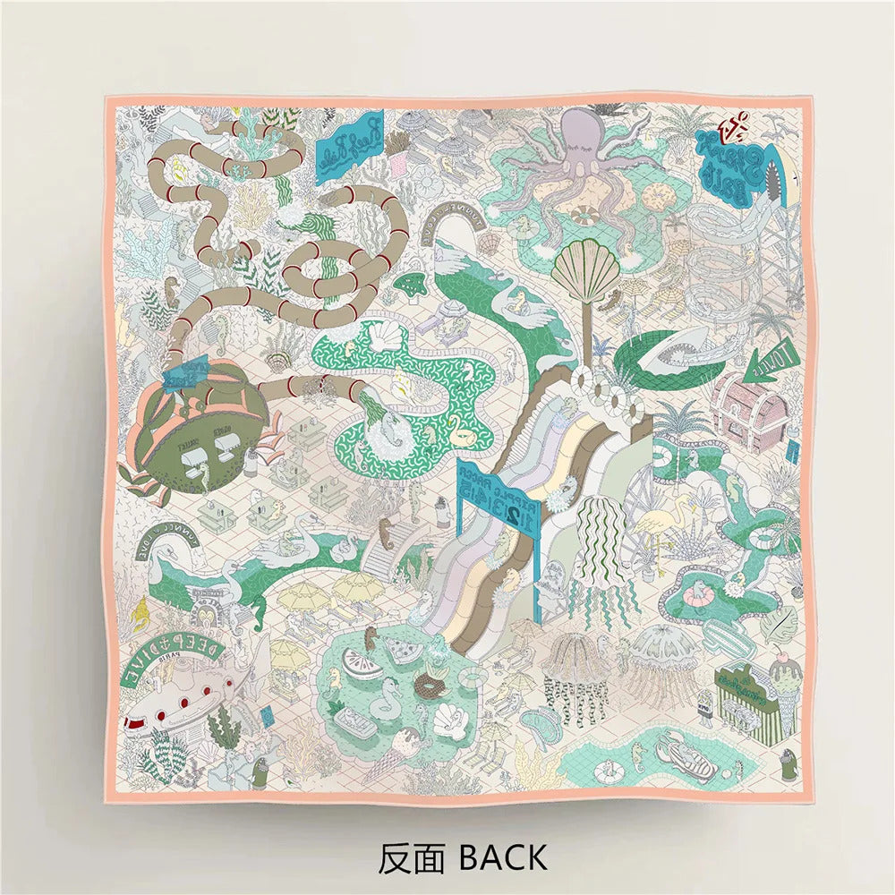 90Cm High-quality Twill Silk Double-sided Printing Submarine Playground Women's Large Square Scarf Scarf Chest Wrap Scarf