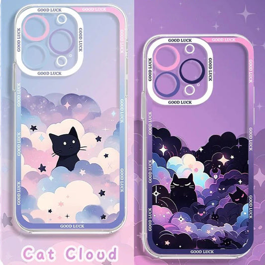 Cartoon Starry Sky Black Cat Clear Phone Case For Samsung Galaxy S24 S23 S22 Ultra S21 S20 FE Note 20 10 Plus A15 A25 A35 A55