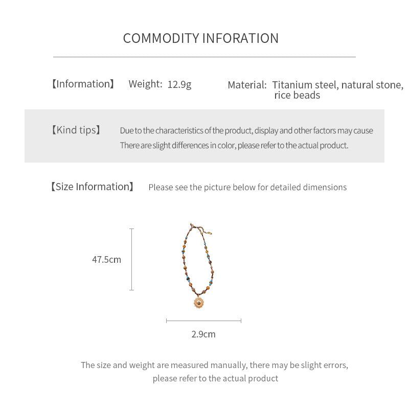 Titanium Steel Natural Stone Rice Bead Sun Necklace Retro Ethnic Style Niche Clavicle Chain Light Luxury High-end Fashion Jewelry