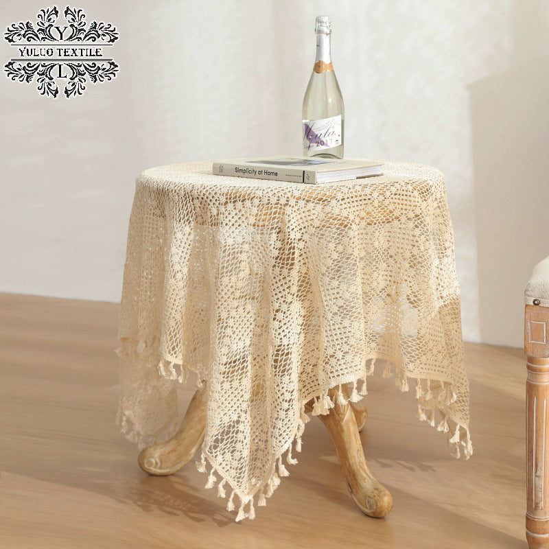 American Pastoral Cotton Woven Tablecloth Lace Hollow Crochet Tassel Dining Tablecloth French Cover Cloth Vintage Ins Tablecloth