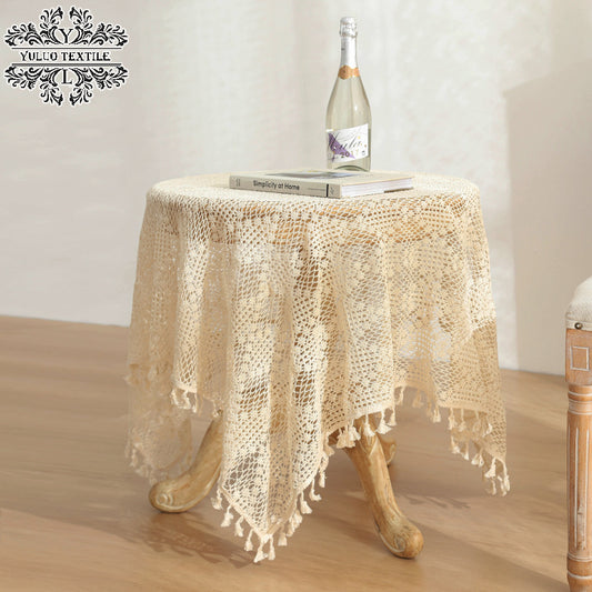 American Pastoral Cotton Woven Tablecloth Lace Hollow Crochet Tassel Dining Tablecloth French Cover Cloth Vintage Ins Tablecloth