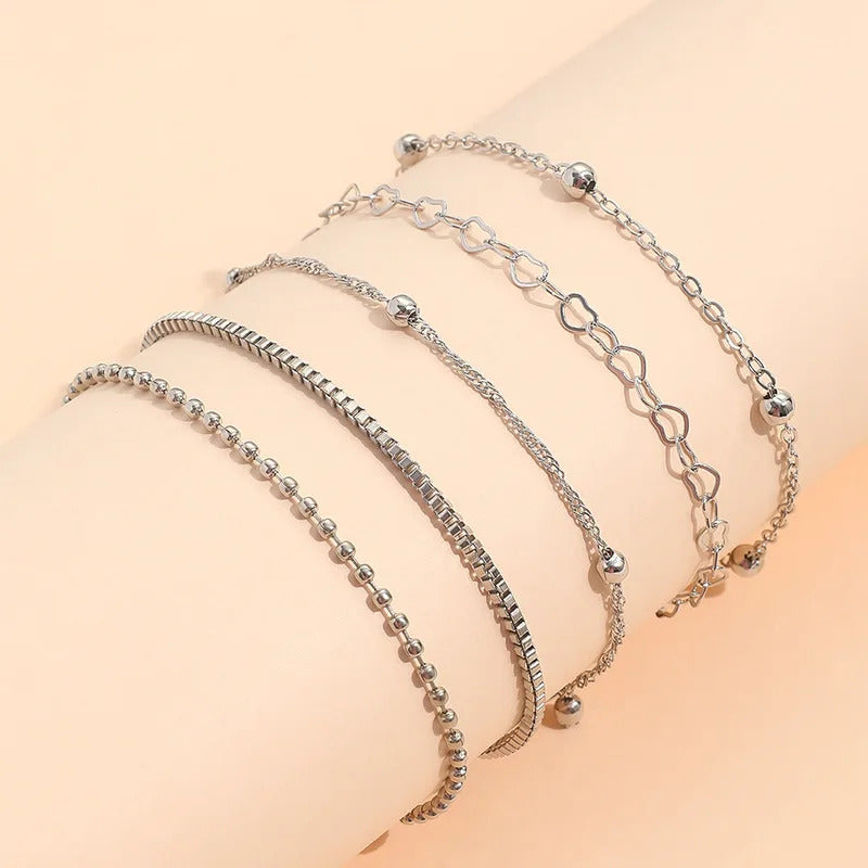 5pcs/set Exquisite Gold/Silver Color Thin Heart Chain Bracelets Set For Women Daily Wear Jewelry Accessories