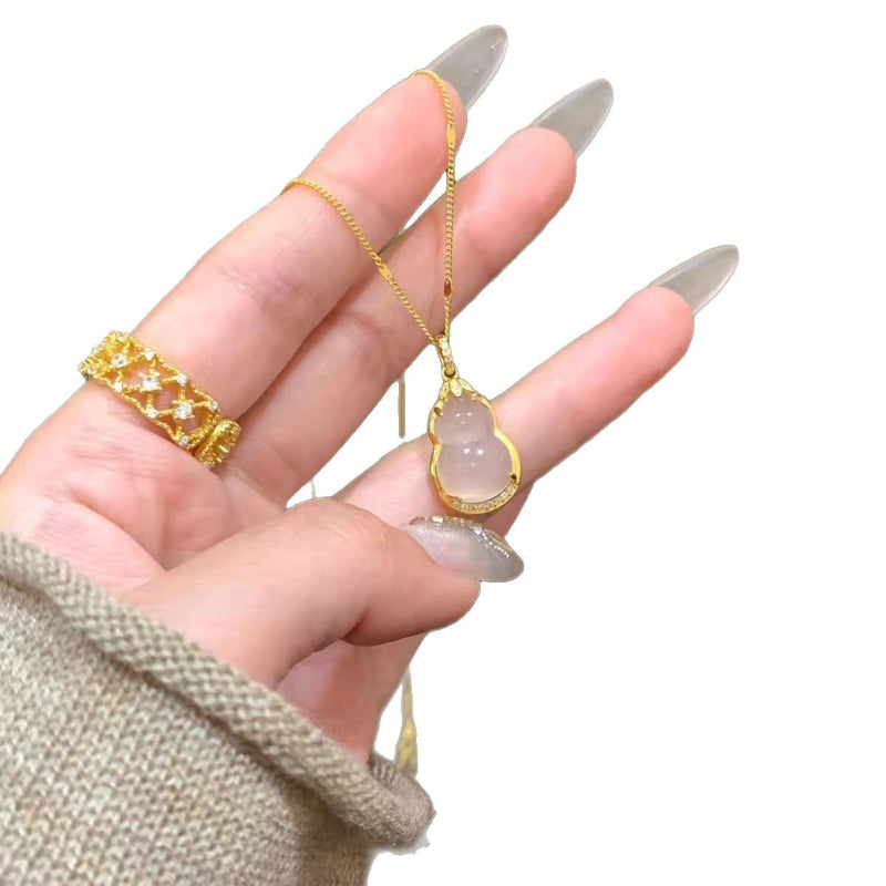 New Chinese Style Golden Branch Jade Leaf Ice Transparent Imitation Agate Gourd Necklace for Women Light Luxury National Trend Pendant Exquisite High-end Clavicle Chain