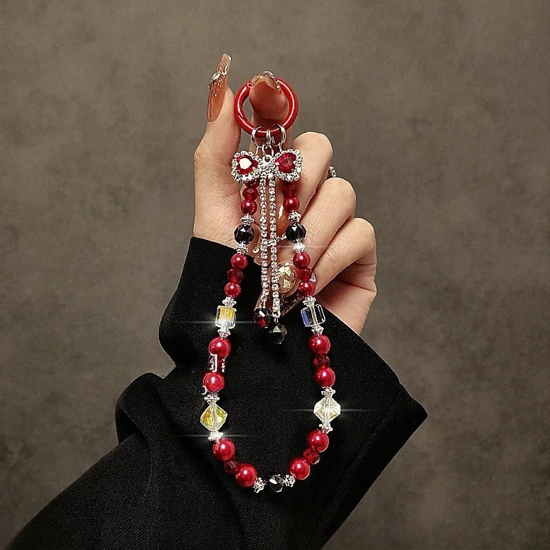 Luxury High-End Flash Diamond Bow Tassel Mobile Phone Chain Crystal Beaded Mobile Phone Lanyard Short Wrist Holding Chain