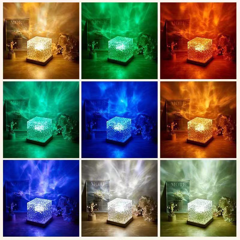 Square Water Ripple Atmosphere Lamp Night Light Creative Gift for Girls Bedside Bedroom Flame Aurora Dynamic Table Lamp