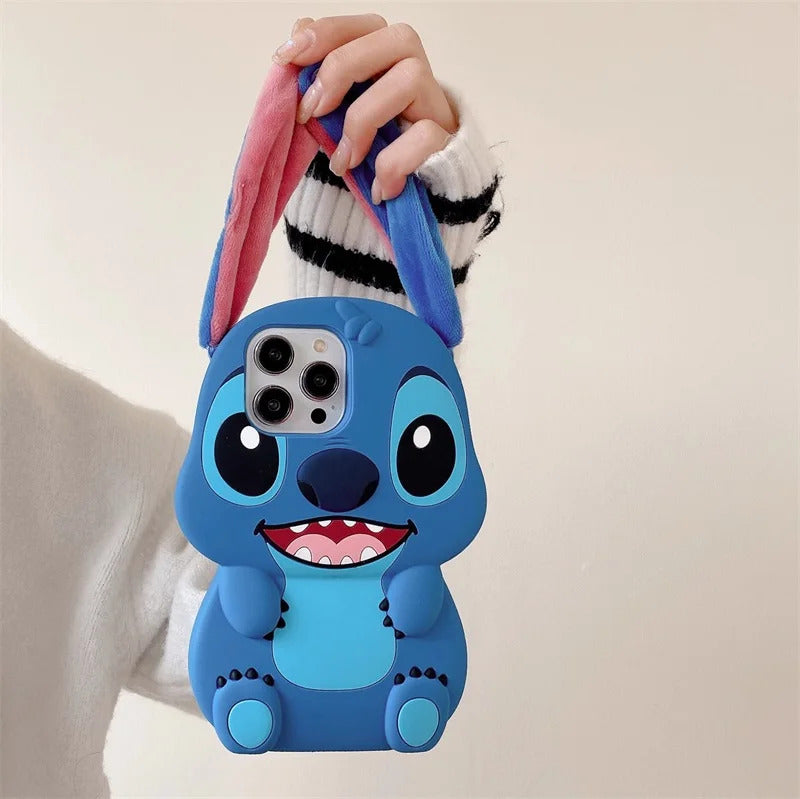 Bandai 3D Silicone Cartoon Phone Case Stitch For iPhone 14 13 12 11 15 16Pro Max Fluffy Fur Plush Ear Stitch Cover Men Kids Gift