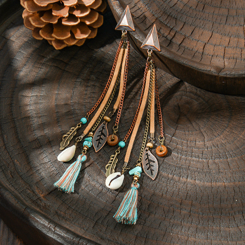 Earrings Bohemian Hair Long Tassel Shell Horn Sunflower Earrings