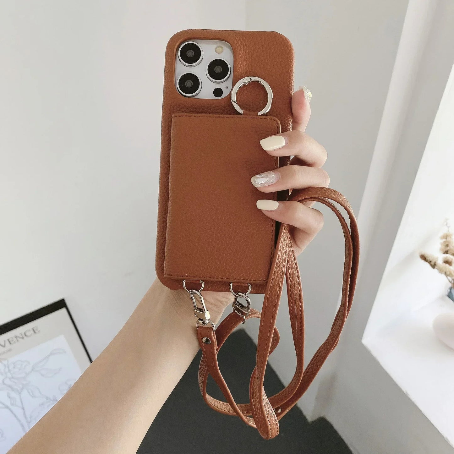 Ring Holder Mirror Card Slot Case For iPhone 13 12 Mini 16E 16 15 14 11 Pro XS Max 8 Plus Crossbody Wallet Lanyard Leather Cover