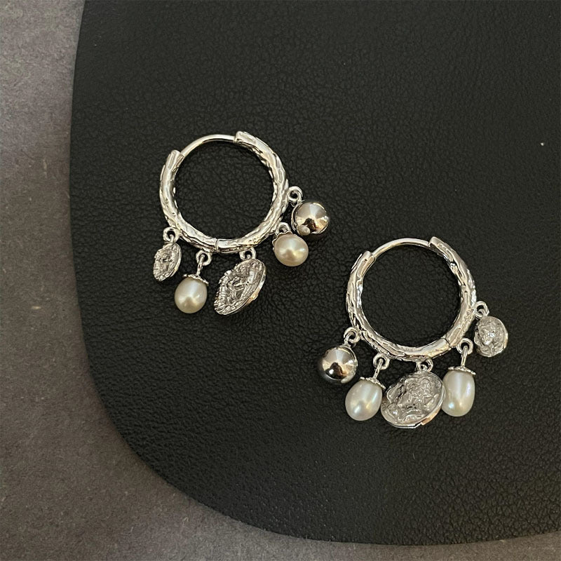 S925 Sterling Silver Pearl Tassel Earrings for Women Fashion Retro Vintage Gold Texture Palace Style Earrings
