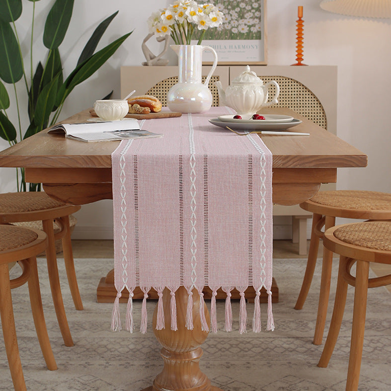 Cross-Border Trade Supply American Style Table Runner Cotton Linen Tablecloth Handmade Tassel Coffee Table Mat Home Long Table Decoration Cloth