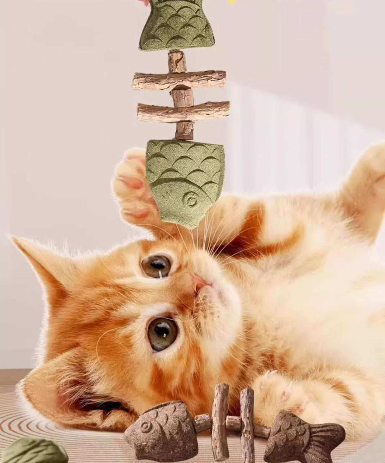 Cat Toy Fish Bone Wooden Polygonum Teething Stick Realistic Fish Teeth Cleaning Stick Self-Entertainment Toy Creative Grilled Fish Teaser Stick