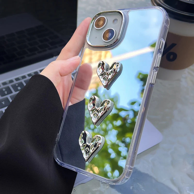 Love Heart Lanyard Mirror Phone Case For iPhone 13 11 16 15 Pro Max 12 14 Plus XR X XS Case Wrist Chain Makeup Mirror Soft Cover