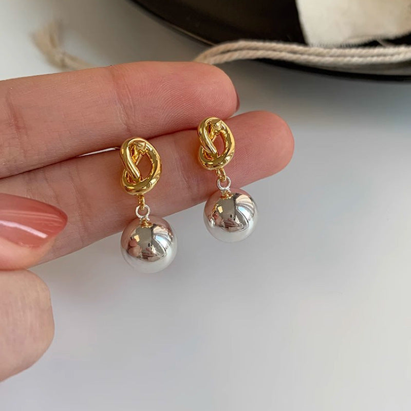 Niche S925 Sterling Silver Needle Elegant High-End Earrings for Women, Color-Block Knot Rope Round Ball Studs, Fashionable Minimalist Style, Light Luxury