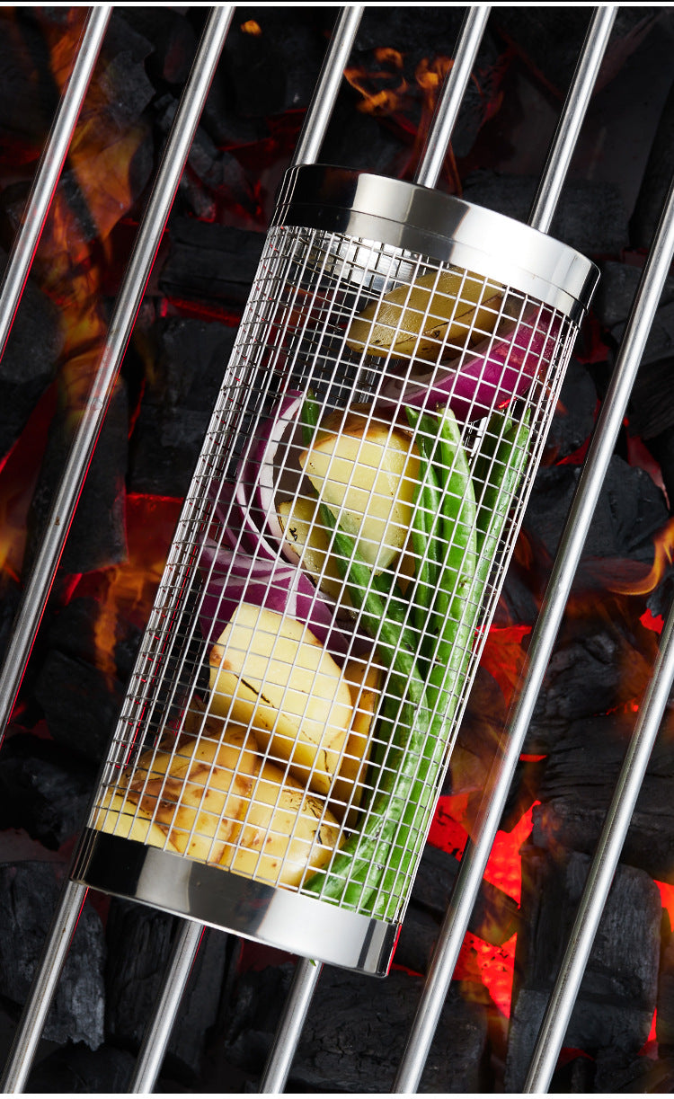 Stainless Steel BBQ Grill Net Tube Outdoor BBQ Cage Rolling BBQ Tube Cylindrical BBQ Net Meat Roasting Cylinder