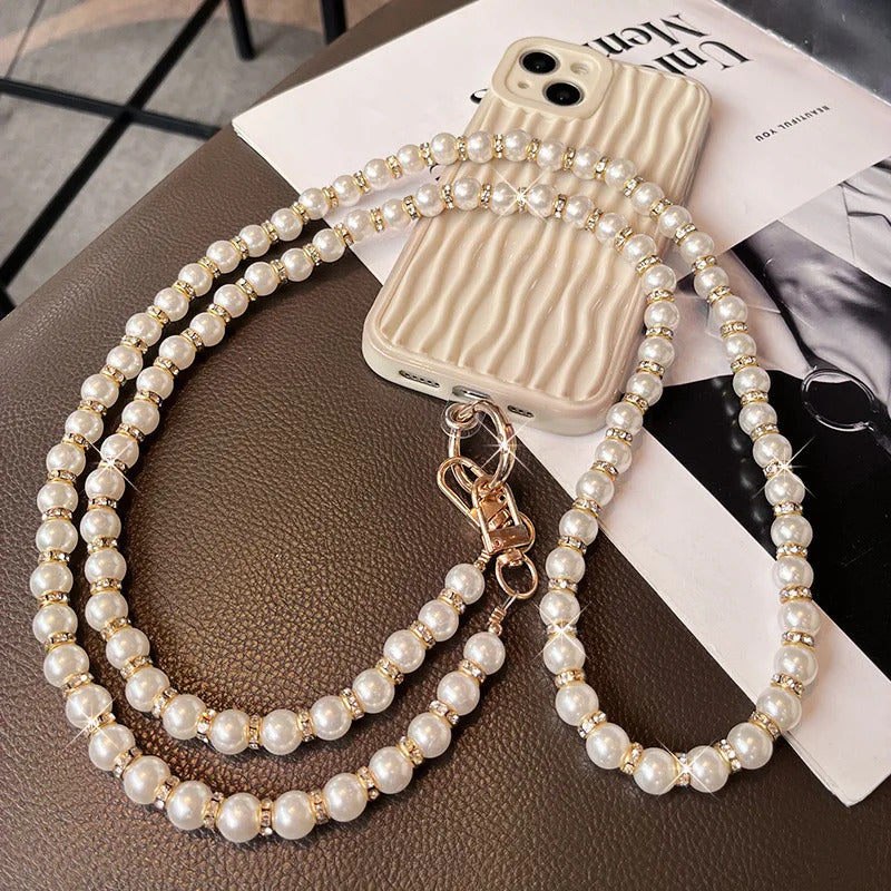 Universal Glitter Phone Lanyard Long Crossbody Necklace Chain Pearl Straps Keychain Anti-lost Sling with Patch for Phone Case