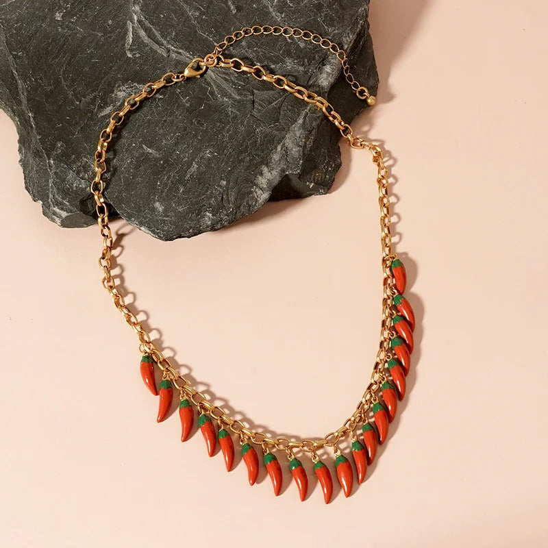 Fashion Trends Red Chilli Tassels Pendant Necklace Vegetable Adjustable Jewelry Banquet Party for Women Gifts