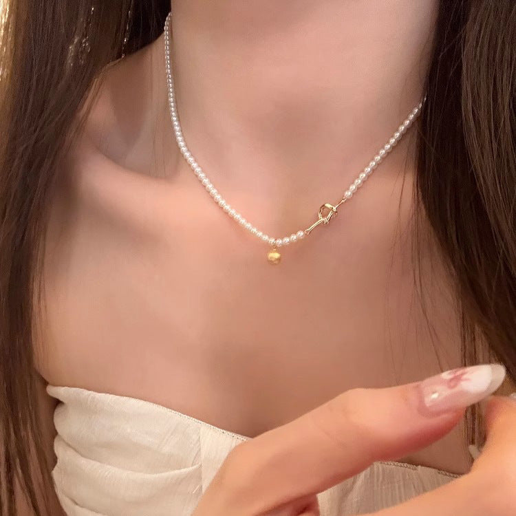 S925 Sterling Silver Brushed Round Ball Pendant Pearl Necklace for Women, Niche Design, Versatile, High-End Clavicle Chain