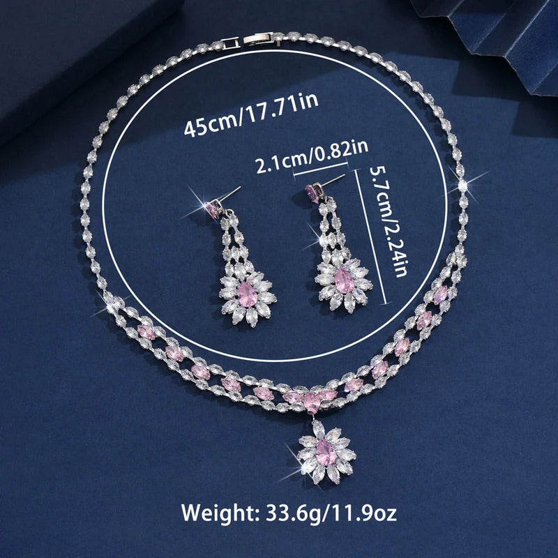 3PC Women's Fashion Zircon Flower Fresh Necklace Earrings Jewelry Set Design Sense Wedding Party Festival Gift-8556