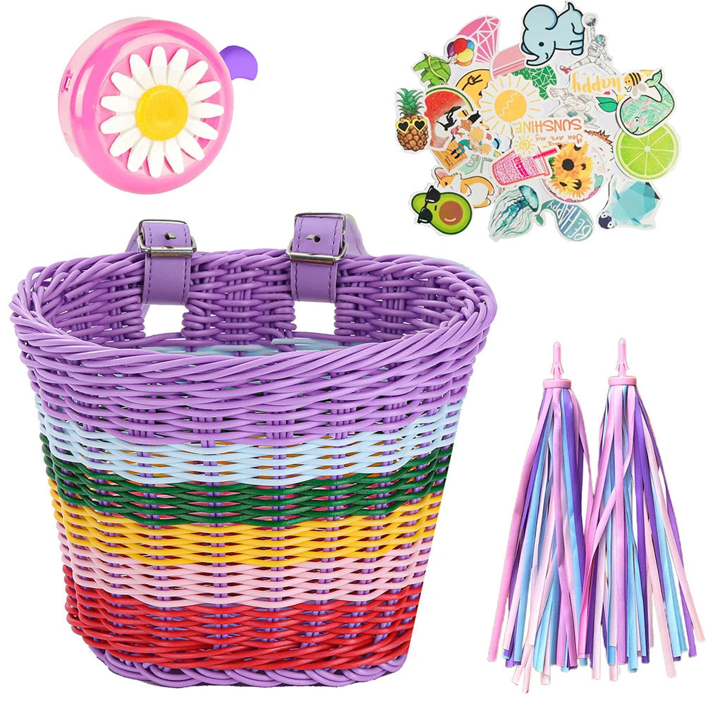 Front Handlebar Bicycle Basket Adjustable Traditional Bicycle Basket Multifunction Hand Woven Bike Basket for Kids Children Bike