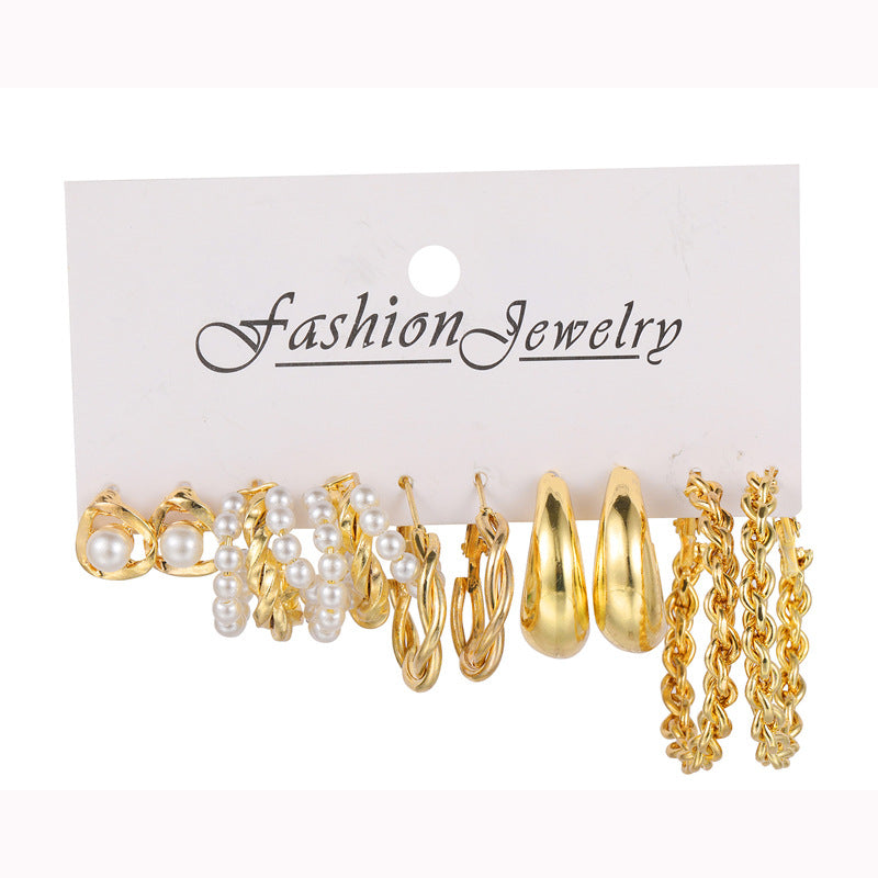 Metal Earrings Square Geometric Earrings Vintage Imitation Pearl Earrings Hepburn Earrings suit 6-piece Set