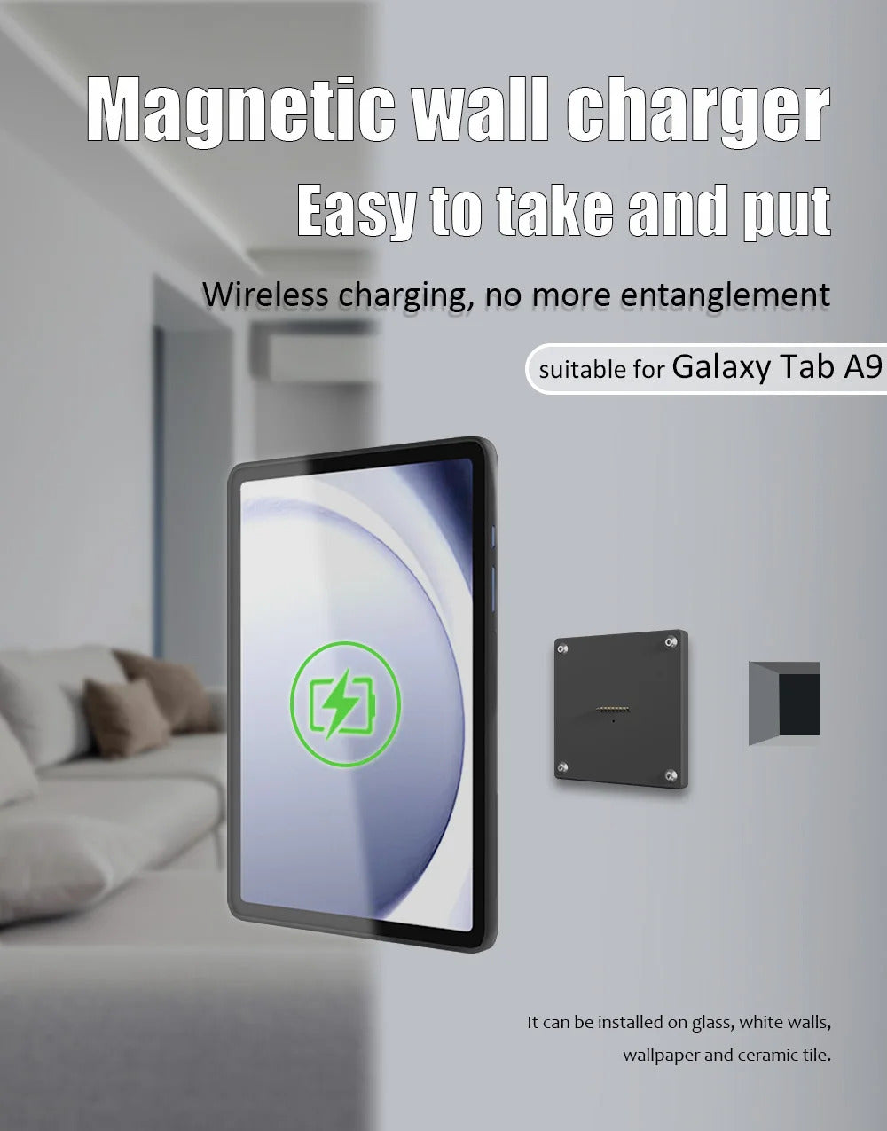 Supplied Magnetic Wall Mounted Charging Stan for Samsung Galaxy Tab A9 8.7 inch intelligent switch 18W Power in Wall emonita