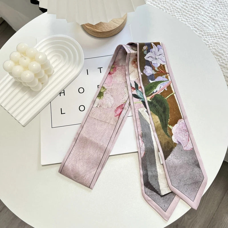 High-Grade Flower Print Long Silk Scarf Hair Band Ribbon Tied-up Hair Long Bow Vintage Satin Ribbon Hair Accessories For Women