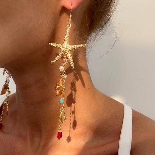 Vacation Beach Starfish Jellyfish Alloy Earrings Fashion High Sense Crystal Tassel Earrings