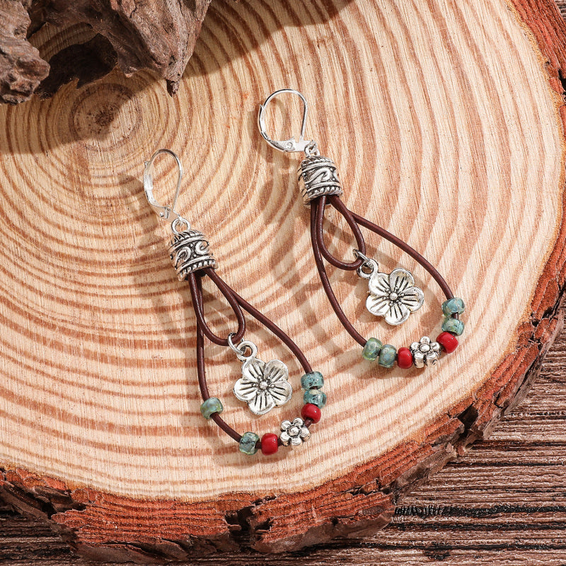 Ethnic Bohemian Style Leather Rope Flower Earrings Flower-shaped Jade Earrings Beaded Elegant Niche Simple Female