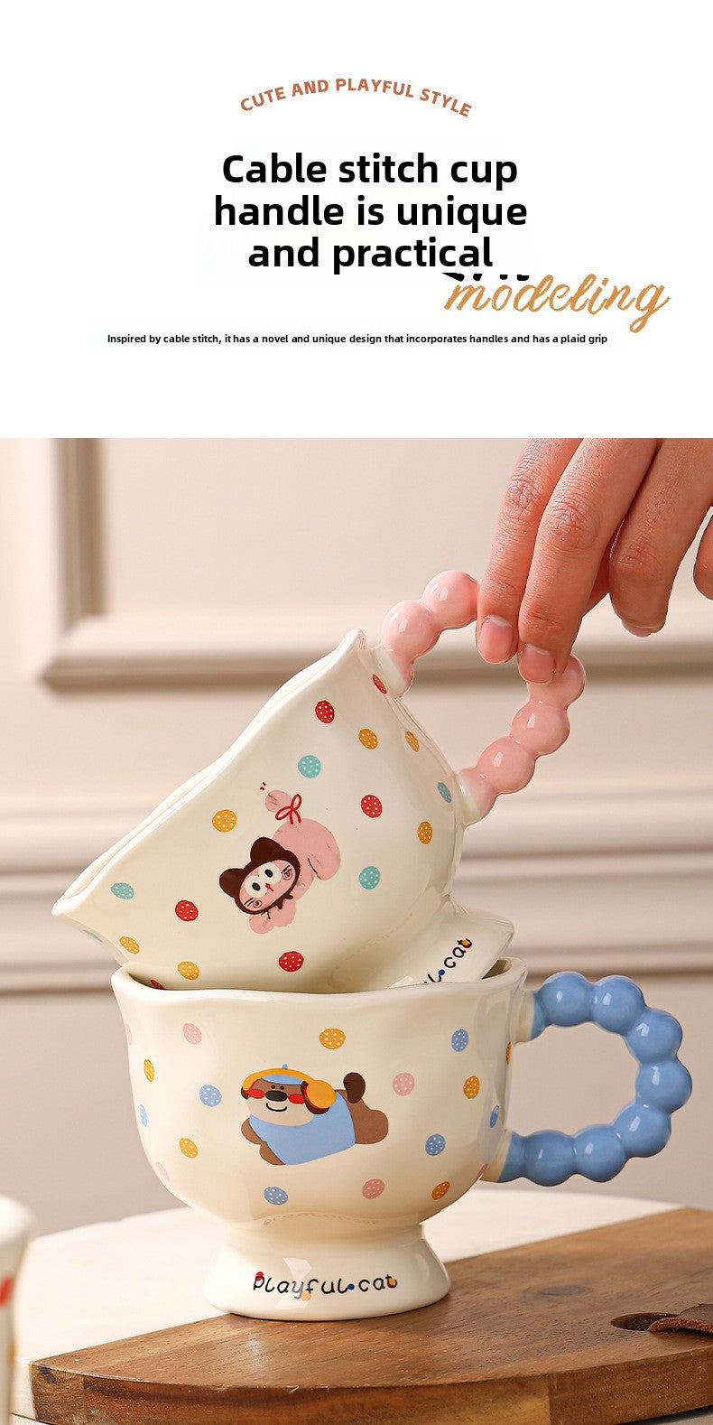 Cute Wave Point Ceramic Cup Mug Home Coffee Cup Couple Cartoon Creative Water Cup Ceramic Breakfast Cup