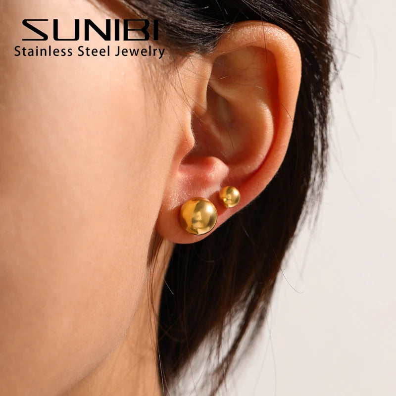 SUNIBI Classic Stud Earrings for Women 3/4/5/6/8/10mm Silver Color Ball Stainless Steel Earring Korean Trend Jewelry Wholesale