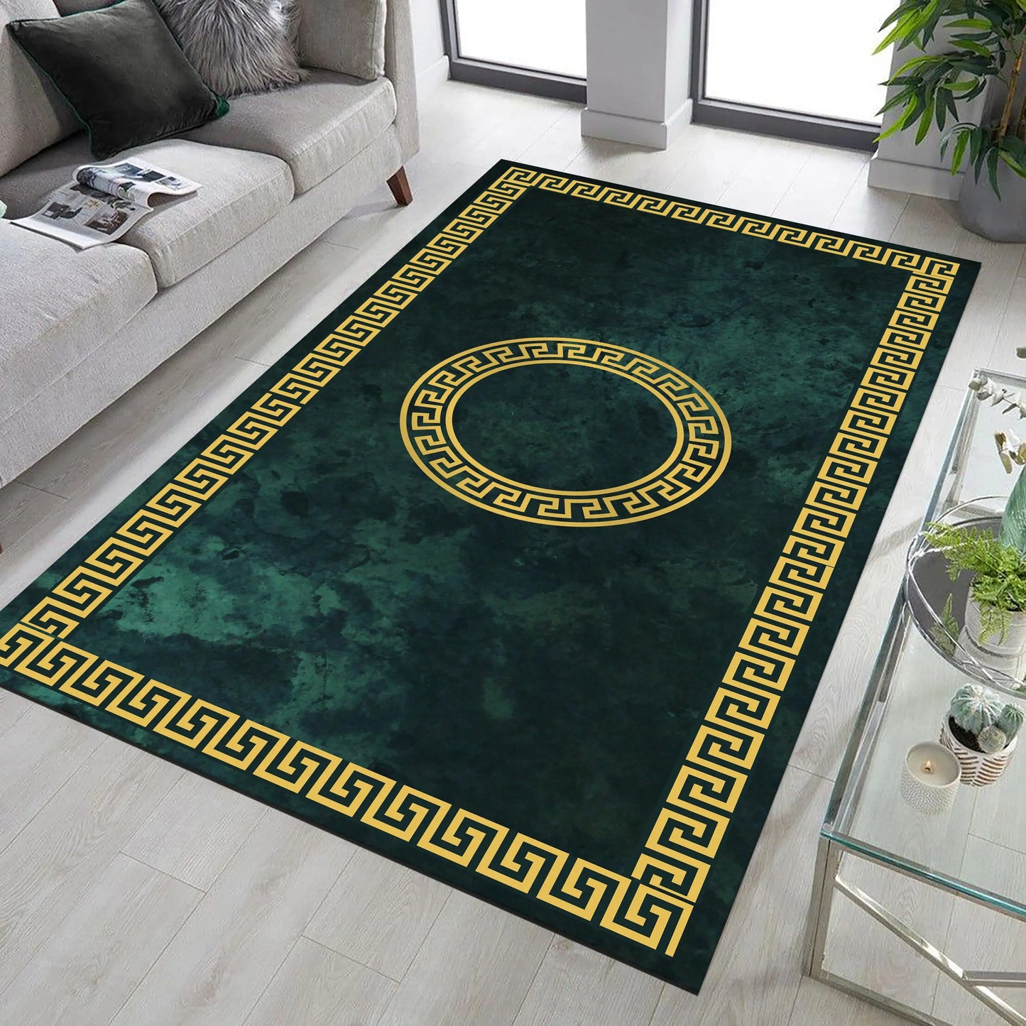 Green and Gold Ancient Greek Wave Rug Greek Mythology Modern Light Luxury Rug Printed Carpet Home Decor Living Room Rug Area Rug