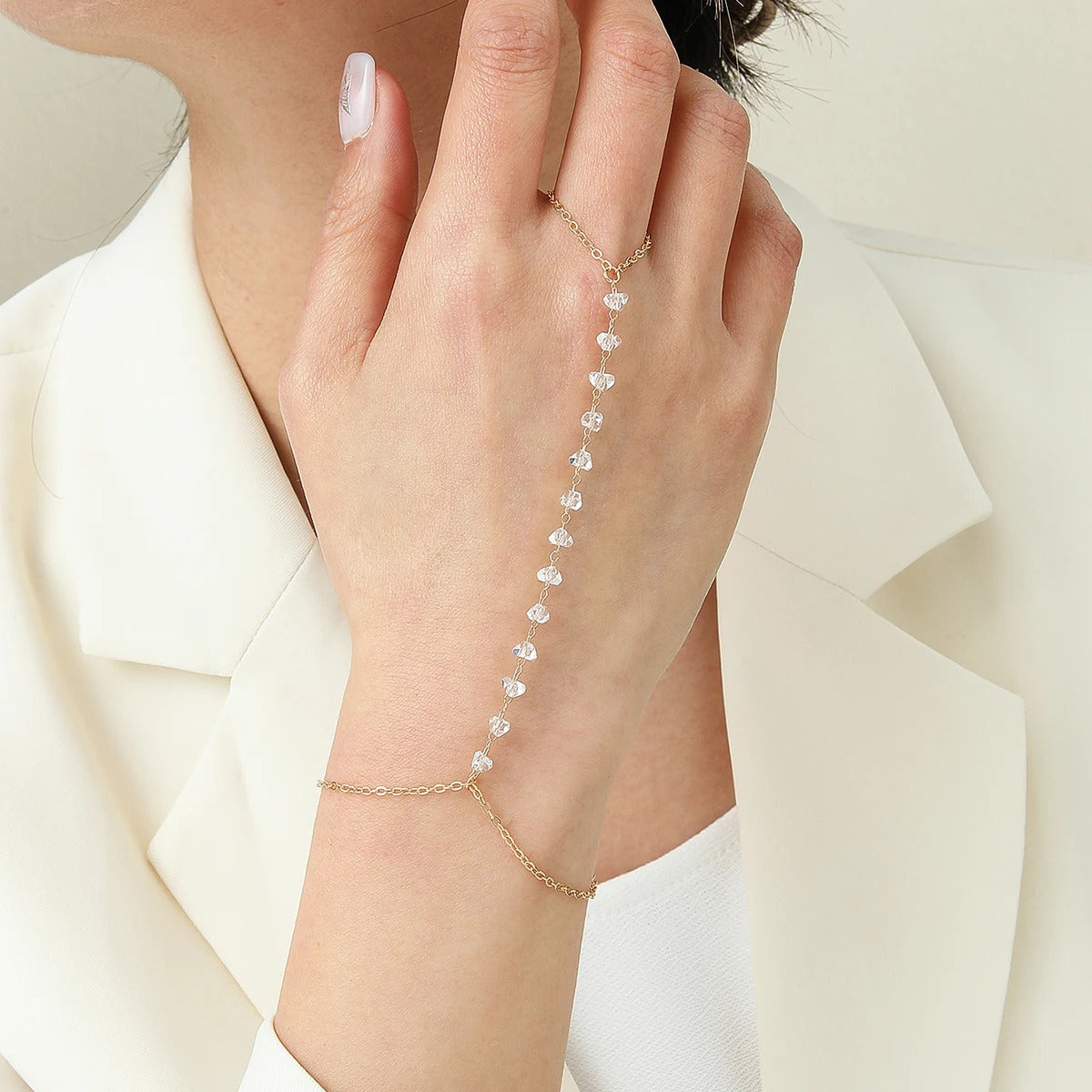 Exquisite Vintage Emerald Blue Crystal Boho Wrist Bracelet for Women Finger Ring Chain Charms Lady Trendy Aesthetic Jewelry Set