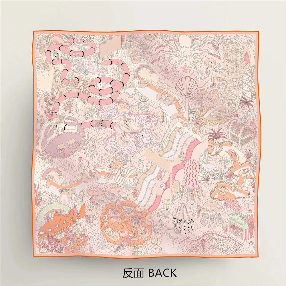 90Cm High-quality Twill Silk Double-sided Printing Submarine Playground Women's Large Square Scarf Scarf Chest Wrap Scarf