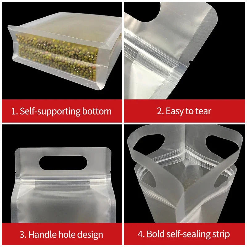 4PC PET Food Storage Bag Stand Up Zip Shut Bags Reusable Ziplock Saran Wrap Plastic Bags Leakproof Food Fresh-keeping Packaging