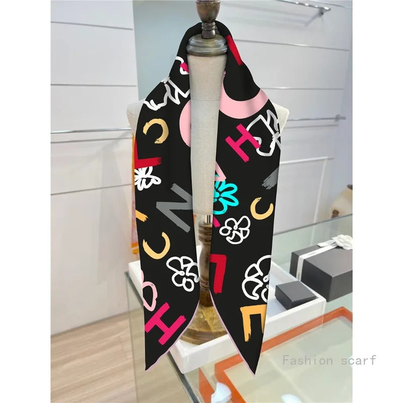 French Style New Black and White Letter Color Matching Women's Shawl Large Square Scarf Twill Silk Headscarf Scarf Wholesale