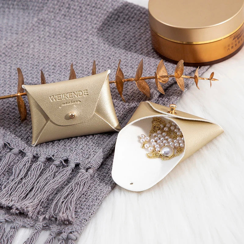 Custom Logo Embossed PU Leather 50/100pcs 5x7cm Gold Jewelry Bag Rings Earrings Necklaces Button Organizer Storage Gift Pouch