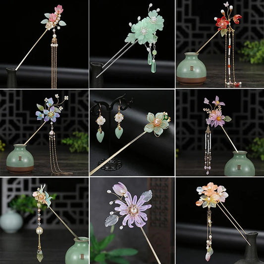 2023 New Chinese Hair Stick Girls Vintage Wedding Hanfu Decor Hairpin Flower Tassel Pearl Hair Bun Chopsticks Bride Hair Jewelry