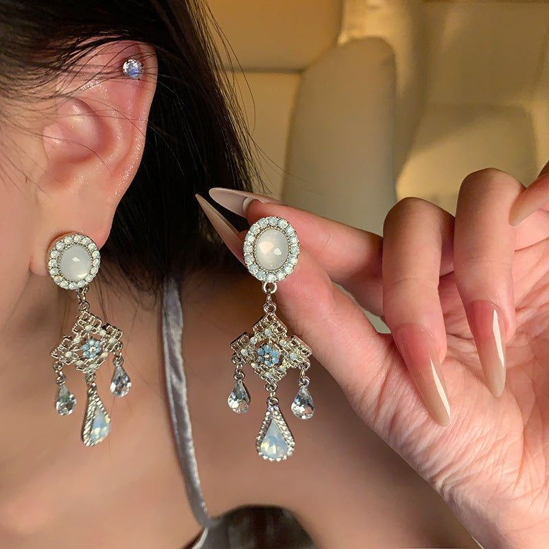 Ancient Style Color-Retaining Gold-Plated Imitation Jade Niche Design Retro Earrings Birthday Gift