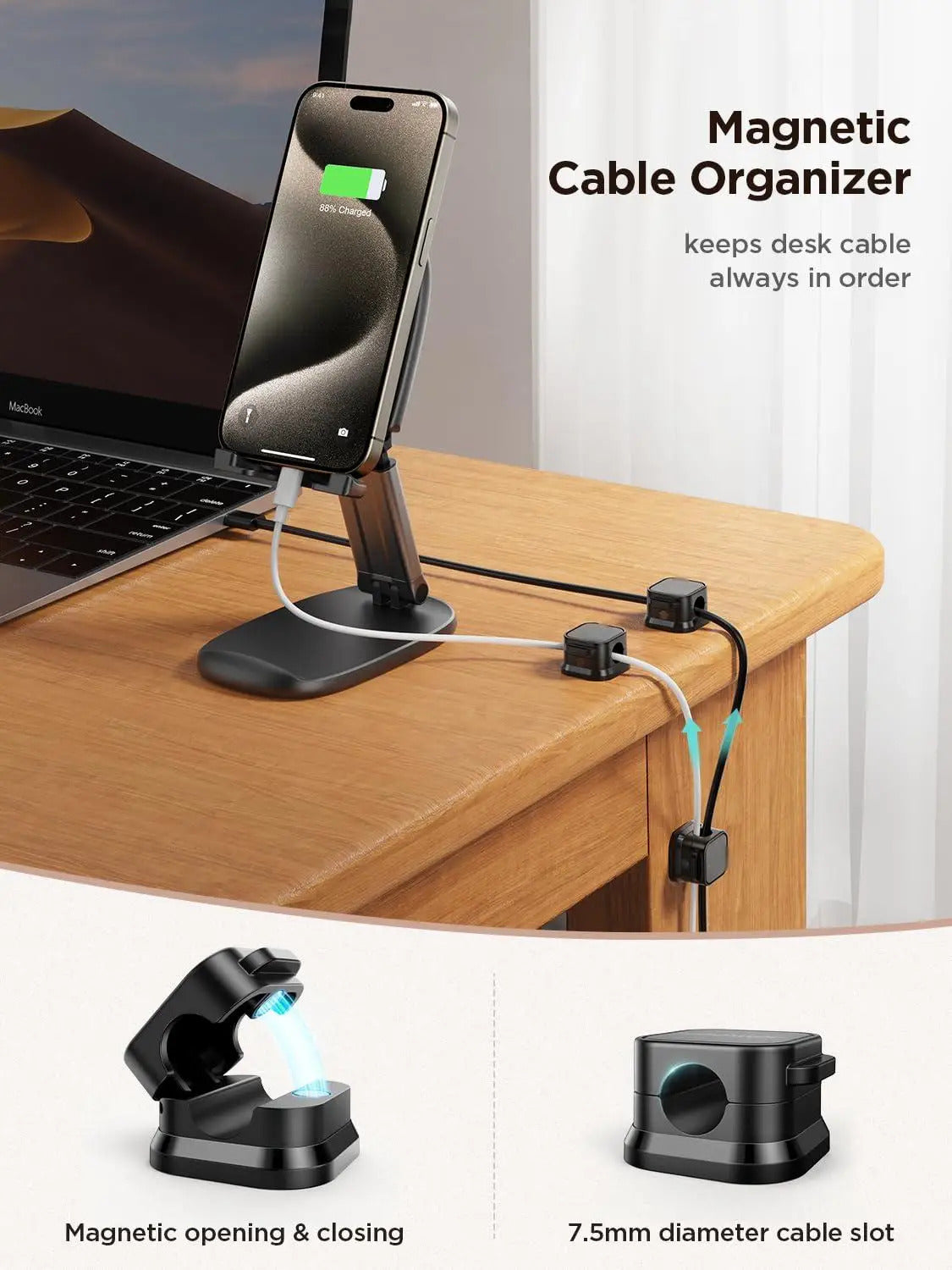 6PCS Magnetic Cable Clips Cable Smooth Adjustable Cord Holder Under Desk Cable Management Wire Keeper Cable Organizer Holder