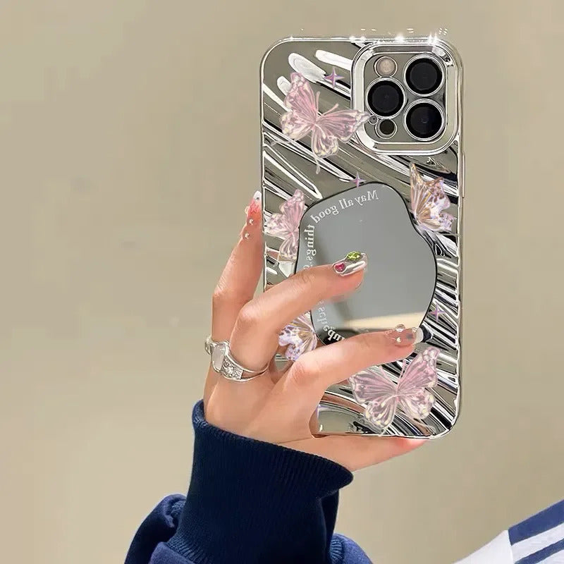 Pink Tulip Flower Phone Case For iPhone 11 Case iPhone 16 13 12 14 15 Pro Max Plating Make Up Mirror Wavy Soft Shockproof Cover