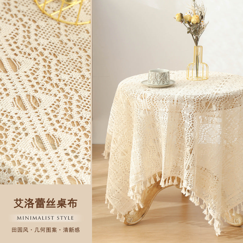 American Pastoral Cotton Woven Tablecloth Lace Hollow Crochet Tassel Dining Tablecloth French Cover Cloth Vintage Ins Tablecloth