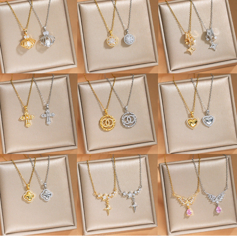Elegant Inlaid Zircon Exquisite Titanium Steel Necklace for Women Fashionable Versatile Internet Celebrity Collarbone Chain Niche Light Luxury Jewelry