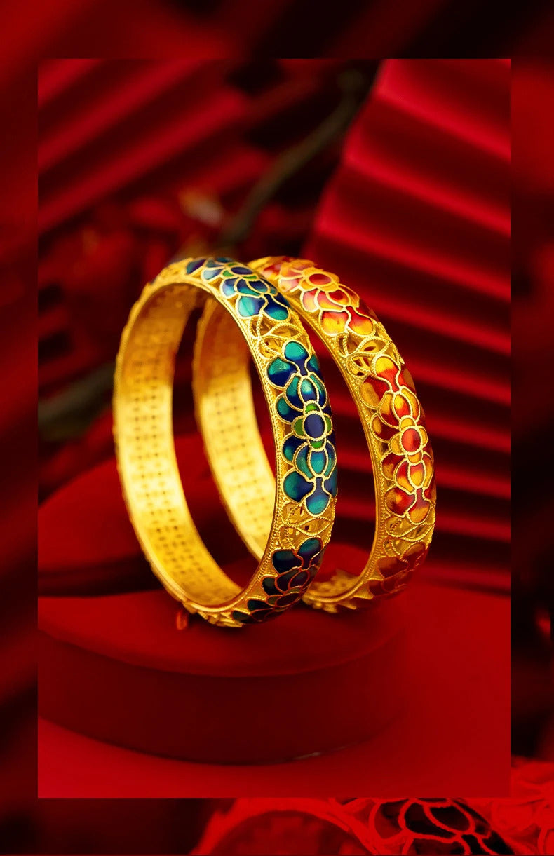 Chinese style wedding jewelry exquisite antique gold craftsred Lotus Flower bangles enamel retro charms bracelet for women