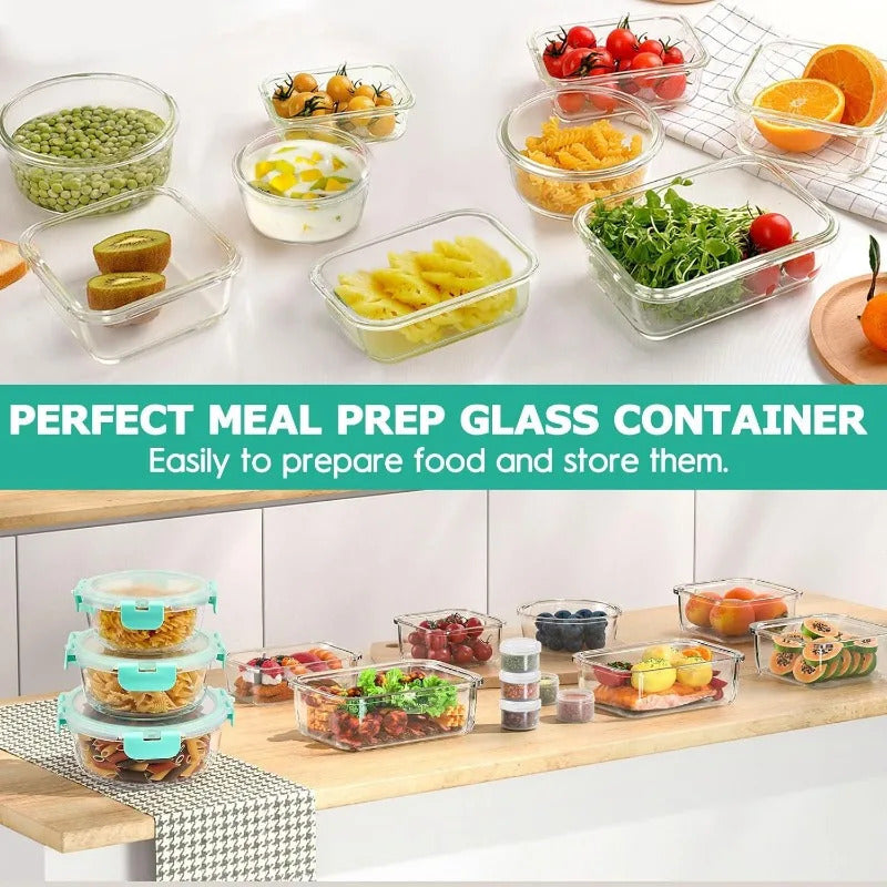 34pcs Glass Food Storage Containers with Lids Set, Airtight Glass Meal Prep Containers (17 Containers & 17 Lids), Leak Proof