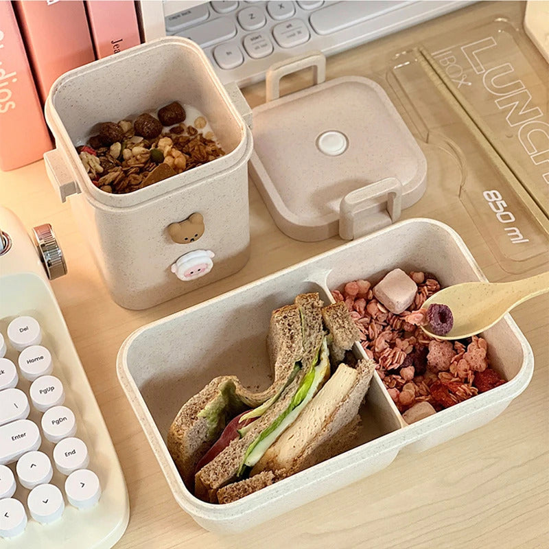 1100ML Lunch Box For Kids School Adults Office Wheat Straw Microwave Picnic Storage Portable Big Bento Box With Spoon Chopsticks