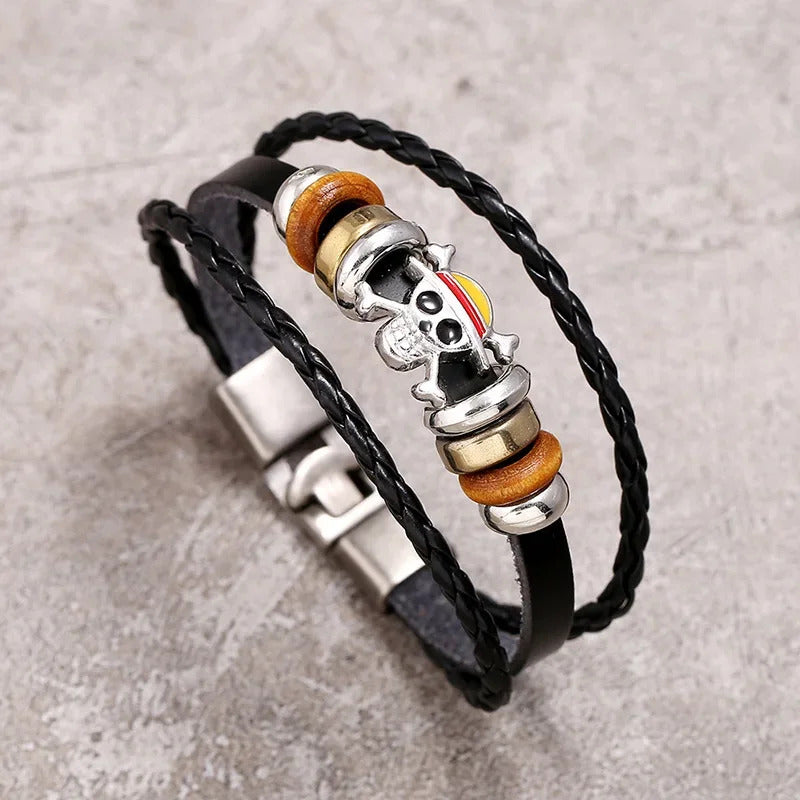 1Pc One Piece Luffy Pirate Bracelet Japan Cartoon Action Figure Toys Punk Black Leather Braided Punk Rock Bangles Bracelet Gifts